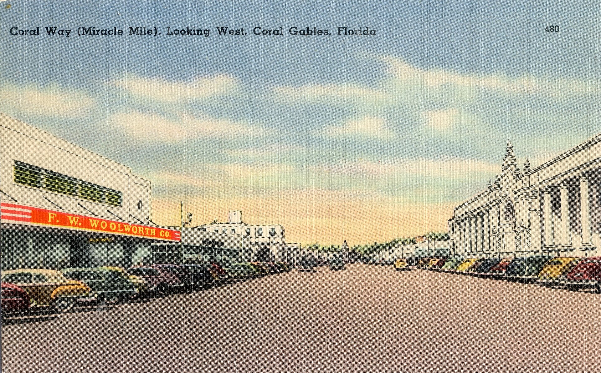 A vintage postcard of Miracle Mile in Coral Gables