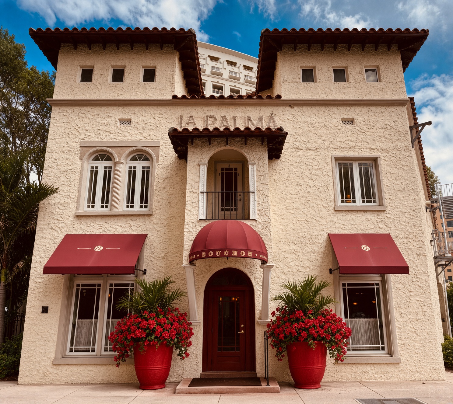 The red awnings of Bouchon Bistro in the La Palma building